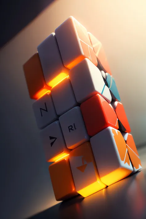 Rubiks Cube ICONS, arrow up across the screen, orange screen with white columns, floating gold coins, orange and pink color scheme, frosted glass, clear, luminous, brightly colored, transparent tech sense, Industrial design, equiaxonal view, white backgrou...