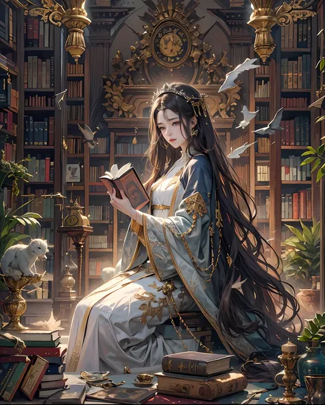 Official art、Calligraphy Priestess、The background is an ancient library、ancient library、You can see a lot of books and a lot of magic books.、With two beautiful women in black robes with open chests、Beautiful woman in white robes with open chest、The costume...