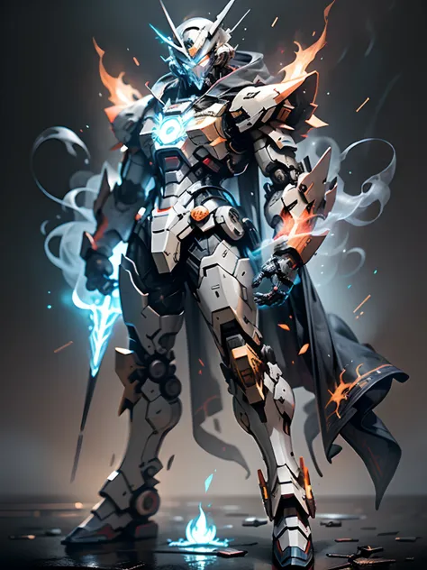 Red Ghost Mage, Gundam ,super cool Ghost Mage, wearing blue mechanical armor, ghost fire surrounding, magical spells, burning red flames in his hands, proficient spells, magic formation pattern, full body photo, perfect body proportions, tall figure, with ...