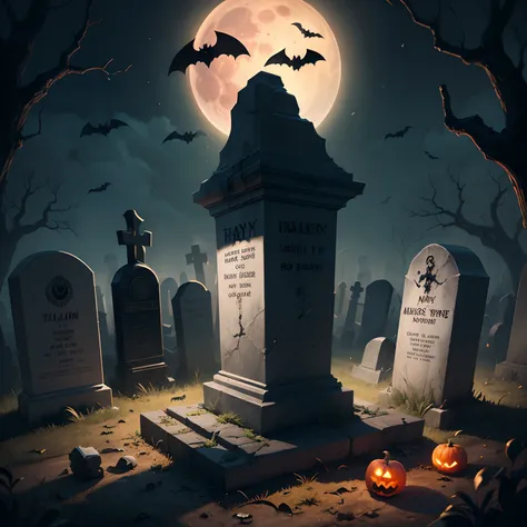 Halloween poster, graveyard, broken bones, bats, ray tracing, main tombstone, blood moon