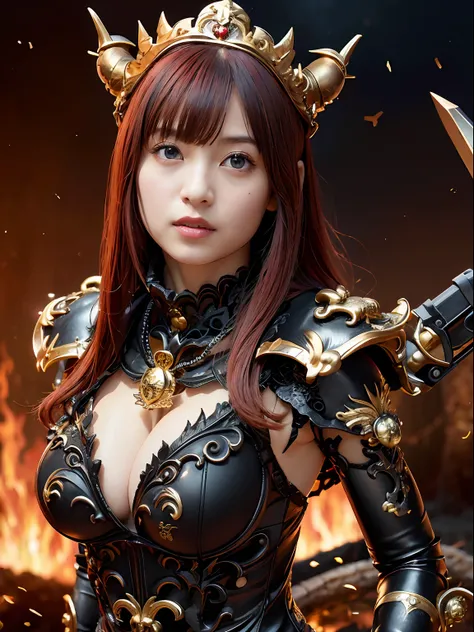 (masutepiece), Professional , ​masterpiece、top-quality、photos realistic , depth of fields （Gemstone Black Metal Body:1.９),(Matte Black、（cleavage of the breast）、Dragon Gold Weapon（Dragon Metal Body:1.４),Gorgeous Silver Weapons ,（（ Dragons dense and gorgeous...