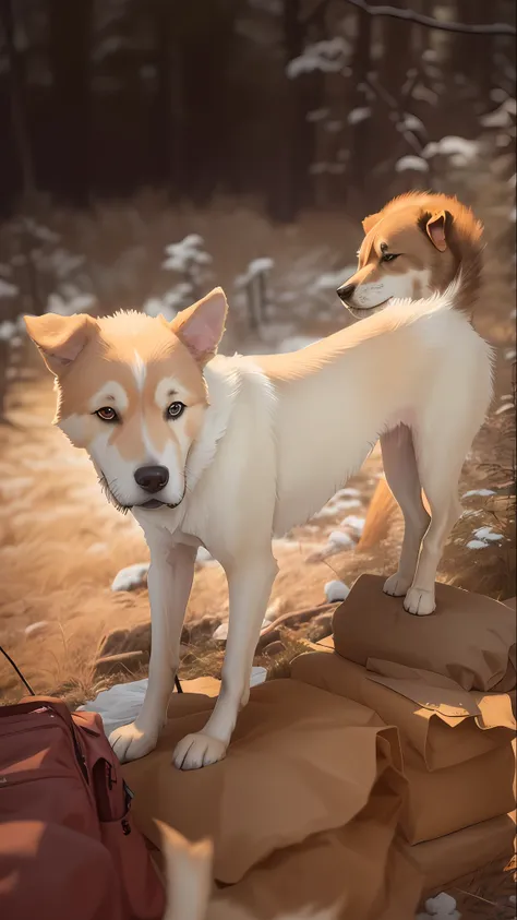 there is a dog standing on a pile of bags in the woods, male emaciated, cute furry needs your help, a handsome, ( dog ) jumps from mountain, absolutely outstanding image, beautiful picture of stray, emaciated, dug stanat, taken with sony alpha 9, taken in ...