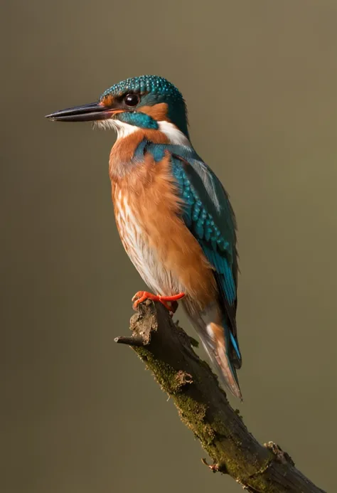 A kingfisher stands gracefully on a branch, Strong morning light diffuses through the mist，Slowly rising around, Highlight its intricate feathers in dramatic side lighting