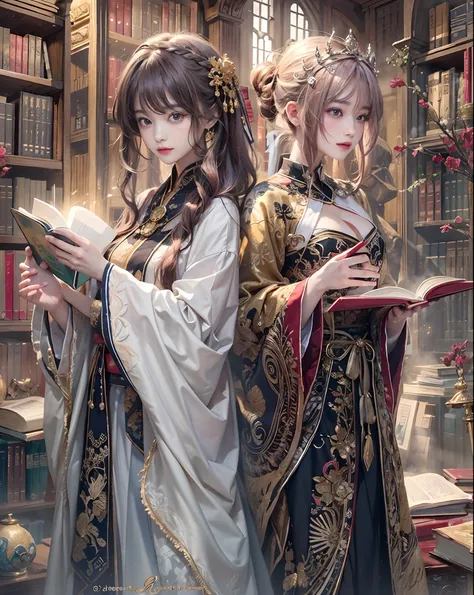 Official art、shrine maiden、The background is an ancient Roman library、You can see a lot of books and a lot of magic books.、With two beautiful women in black robes with open chests、Beautiful woman in white robe with open chest、The costumes of the two are co...