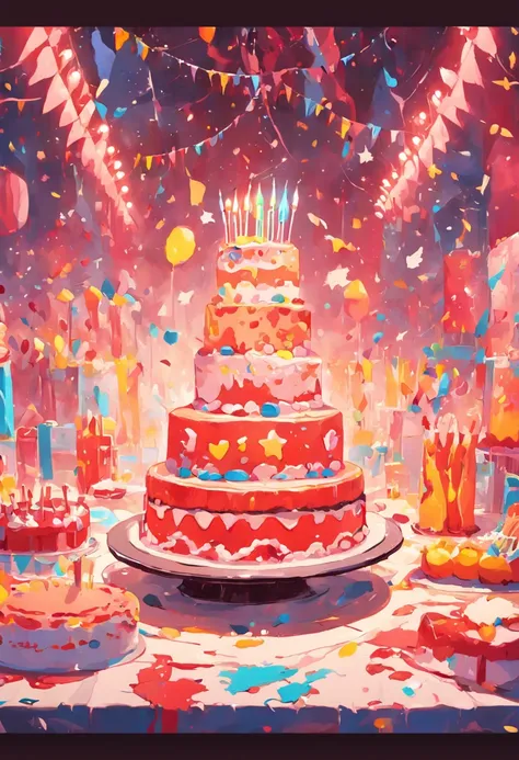 Kids birthday party, celebrating playing laughing, party room decorations cake, indoor colorful room, bright festive, Andy Warhol, pop-art, acrylic on canvas, vibrant stylized, bright primary colors, 2D digital painting, high definition crisp