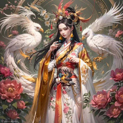 Interpretation of the human female form, Beautiful and radiant skin, flowing long black hair,The red and yellow gold-silver silk bird embroidered costume，Large peonies next to the sleeves，Vivid，The skirt comes with a robe，The skirt is embroidered with a si...