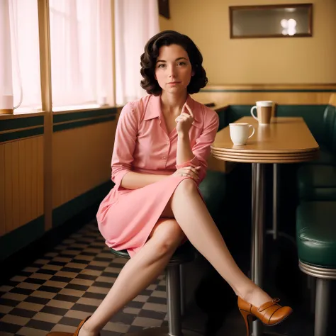 Sherrylyn Finn， a skirt， leges， upper legs， coffeehouse， sitted， body shot， Wes Anderson， delicated，blacksilk