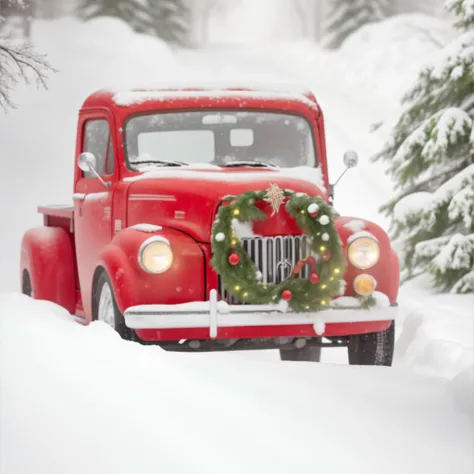 There was a red truck in the back，There is a Christmas tree in the back, Profile picture, ❤🔥🍄🌪, In the snow, festivity, author：John Bakdev, Red car, author：Patrick Brown, photo pinterest, awww, author：Mark Keithley, four legged, ( tomas kinkade ), ( art fi...