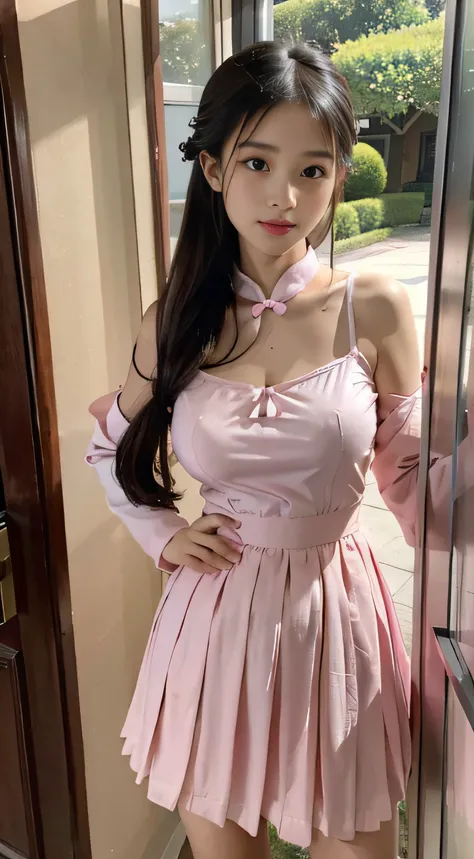 Master quality, highest quality, best picture quality, exaggerated details, a princess cute 8 year old asian little girl with a shy expression, slightly squinted eyes, adjusting her hair, long eyelashes (long hair / very, very exaggerated big breasts, big ...