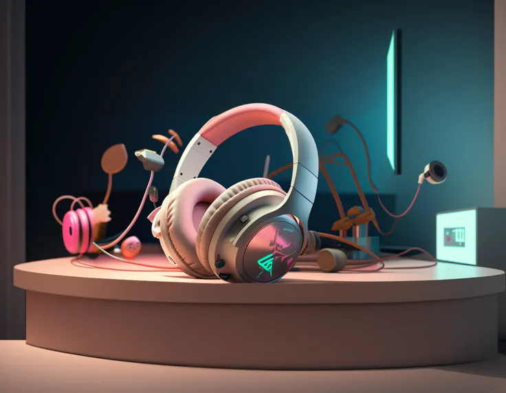 there is a pair of headphones sitting on a table, 3 d product render, gaming headphone, Product rendering, in the style of beeple, 3 d render beeple, beeple |, beeple!!, Pink headphones, cyberpunk headset, beeple colors, style hybrid mix of beeple, beeple ...