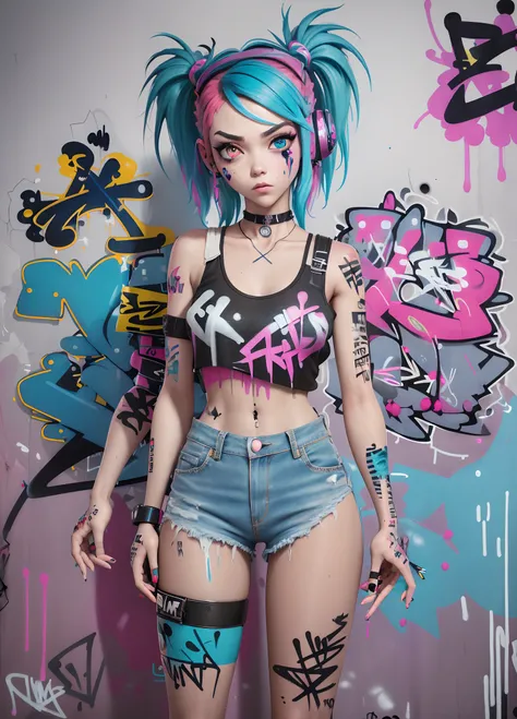 masterpiece, best quality, 1girl, solo, crop top, denim shorts, choker, (graffiti:1.5), paint splatter, arms behind back, against wall, looking at viewer, armband, thigh strap, paint on body, head tilt, bored, multicolored hair, aqua eyes, headset,