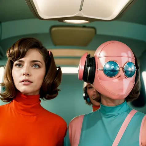 8k image from a 1970s science fiction film, imagem real, Estilo Wes Anderson, pastels colors, a man between two women wearing retro-futuristic fashion clothes and futuristic technological ornaments and devices, Luz Natural, cinemactic, Psicodelia, futurist...