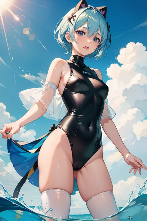 Rem is wearing a swimsuit，Chest leakage ，Leaking 。 On the legs。nsfw。。The mouth bites into the banana