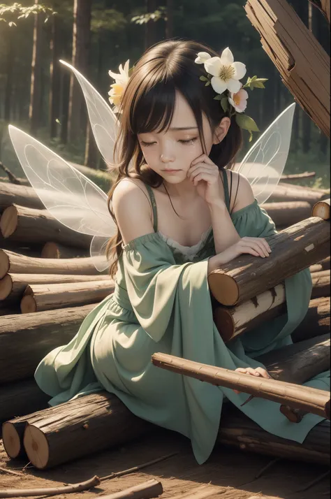 (masutepiece:1.3), ccurate, (Super Detail, high details, top-quality), Best Quality,( hight resolution, 8K),(The winged little flower fairy is sad: 2), The fairy wears a dress,(forest clearing:1.1),Withered flowers, fallen wood, (Truck carrying logs:1.4), ...