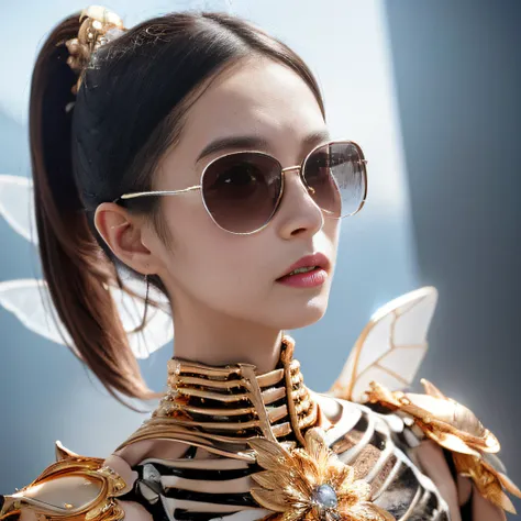 baton，Transparent wings，Magic wand，Wear thick gold-framed reflective sunglasses，32K（tmasterpiece，k hd，hyper HD，32K）Burgundy double ponytail，The Silver Skull Jewelry District in the backstreets，Indigo Skull King ，Skeleton protector （The skeleton is realisti...