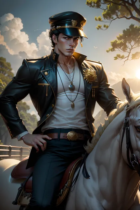 Ultra-high quality picture of Jotaro Kujo，detail-rich，Show captivating style and mystery，Gray tones，serious expressions，Determined eyes，He wears his signature short yellow hair and sunglasses，Wearing black clothing，Move slowly，The surrounding area faintly ...