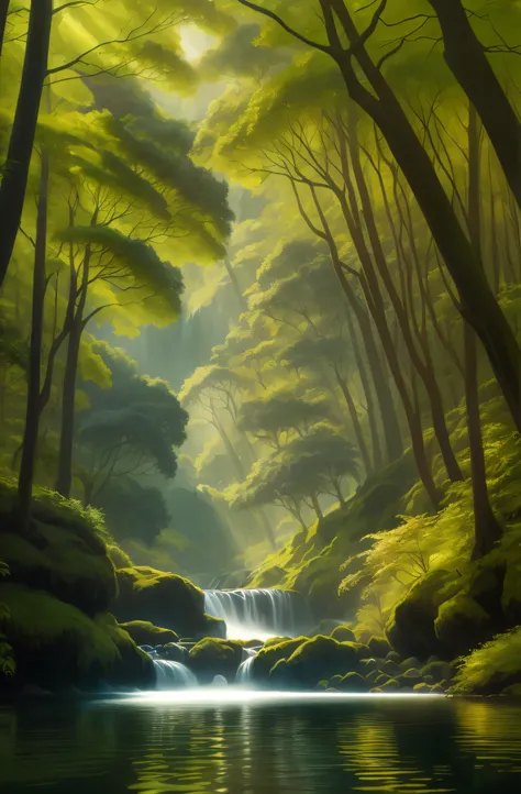 Draw a stream in the forest，There is a waterfall in the middle, inspired by Andreas Rocha, andreas rocha and john howe, 8 k resolution digital painting, 8k resolution digital painting, Loish et WLOP, digital painting concept art, inspirada em Christophe Va...