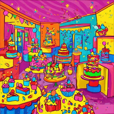 Kids birthday party, celebrating playing laughing, party room decorations cake, indoor colorful room, bright festive, Andy Warhol, pop-art, acrylic on canvas, vibrant stylized, bright primary colors, 2D digital painting, high definition crisp