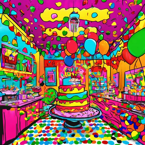 Kids birthday party, celebrating playing laughing, party room decorations cake, indoor colorful room, bright festive, Andy Warhol, pop-art, acrylic on canvas, vibrant stylized, bright primary colors, 2D digital painting, high definition crisp