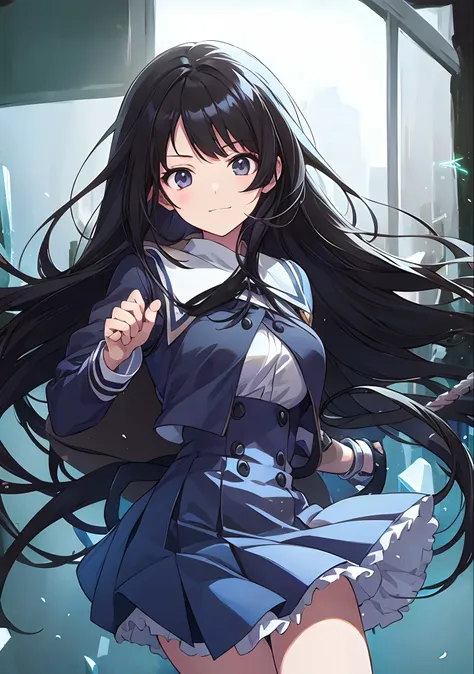 solo, (((anime girl with long black hair))), (light blue eyes), slight smile, school uniform, skirt, ((classroom in background))...