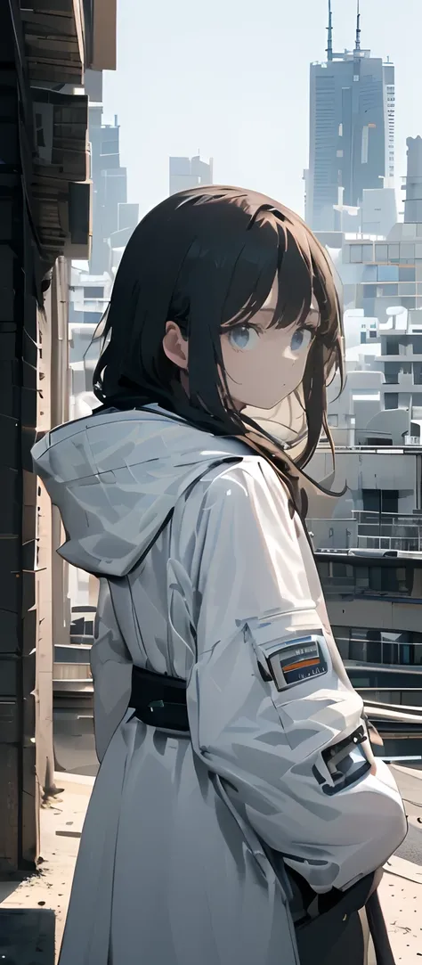 teens girl，A cold face，Wearing a white coat，Look sideways at me，Behind it is a deserted city