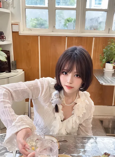 There was a woman sitting at the table，Carrying a plate of food, white hime cut hairstyle, with short hair, With bangs, chiho, xintong chen, ulzzangs, short detailed hair，By bangs, tidy hair，By bangs, sakimichan, inspired by Ma Yuanyu, hime-cut, 🤤 girl por...