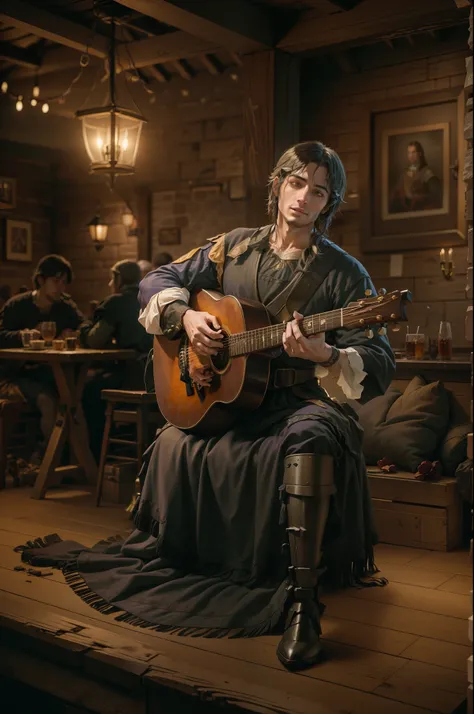 (masterpiece, best quality:1.2), Generate a photorealistic image of a handsomely attired musician, adorned in medieval garments with selective purple tones, captivatingly performing in a rustic tavern setting. Illuminate the scene with natural light to evo...