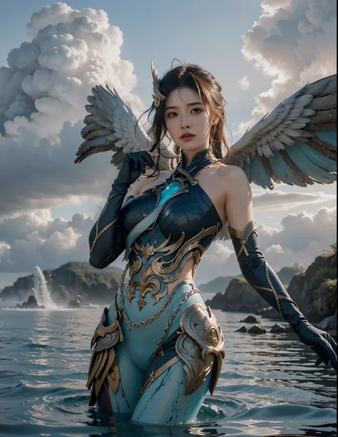 there is a woman in a bodysuit with wings in the water, mystical atlantean valkyrie, by Yang J, ruan jia and artgerm, ross tran 8 k, artgerm and ruan jia, wlop and artgerm, fantasy art style, ig model | artgerm, queen of the sea mu yanling