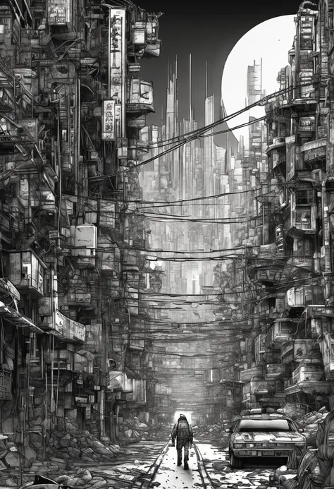 top-quality, ​masterpiece, a picture, 4K, Photorealista, ighly detailed, 3D Maps, tech wear, cyberpunkcity, Solo, futuristic, Huge moon in the background２One, black and white, by Akira Toriyama, bladerunner、AKIRA