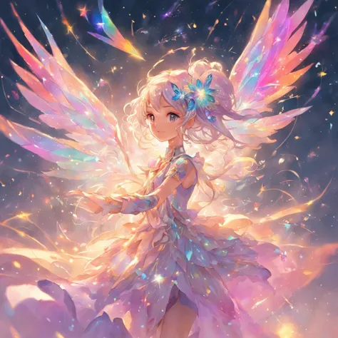 Be careful not to show the part of the hand，Under the flapping of endless rainbow-colored wings，The flower fairy flew lightly in the air。Her wings，Its like carved from the purest crystal，Full of rainbow magic light，Sometimes transparent，Sometimes shimmerin...