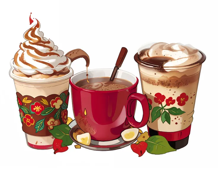 There were three cups of coffee，There are different toppings and decorations, ❤🔥🍄🌪, seasons!! : 🌸 ☀ 🍂 ❄, 💋 💄 👠 👗, delicacy, personal profile picture, warm, hot cocoa drink, with a cup of hot chocolate, Profile picture, 😃😀😄☺🙃😉😗, traditional art, author：Mast...