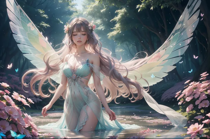 A young fairy in vortex of falling flowers and leaves. Butterfly like Wings. She wears a multilayered ruffled dress in light pink transparent fabric with silver and aquamarine embellishments. Long messy wavy hair. She is merging from a swirl of multicolour...