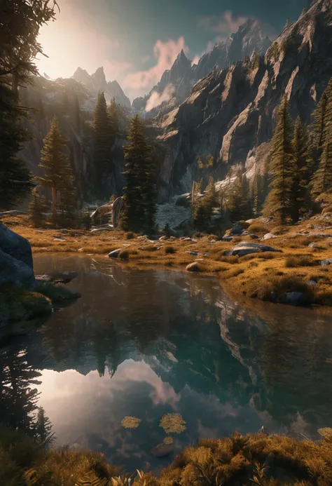 (Dark magic:1.2), (Grim:1.1) forest, springtime，alps, (Intricate details), Mirror-like lake，(ultra - detailed), 8k hdr, high detal, A lot of detail, High quality,Tyndall effect， (Colored:1.3)