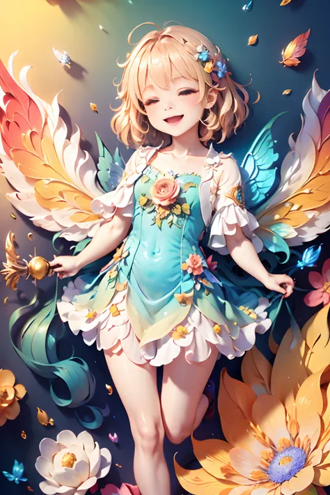 Cute flower fairy baby，happy laughing，Lets be happy，Colorful wings, Hold your shiny wand，in the beautiful garden，sunny clear sky，Splendid rainbow，plethora of colors，Rich in elements，Facial features are super detailed，Ultra-high sharpness、k hd、8K、