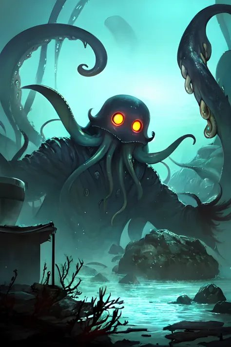 cthulhu,monster,(tentaculata:1.35)，a polluted underwater world，gloomy picture，(nuclear contamination:1.35)，（face:1.35）sarcoma