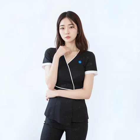 Arad woman in black frosted suit poses for a photo, full-body xianxia, Li Zixin, avant designer uniform, black main color, Short sleeves, close - fitting nurse costume, product image, jia, Cai Xukun, Nurse, Surgical gowns and scrubs, nurses uniform, zun, p...