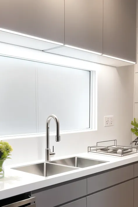 Stainless steel sink in the kitchen，White textured countertop，Cupboards are lined with dishes，Clear glass，Bright light。