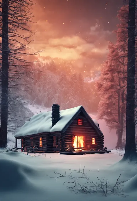 One winter, a log cabin with a burning bonfire outside the cabin, and a beggar staggered by