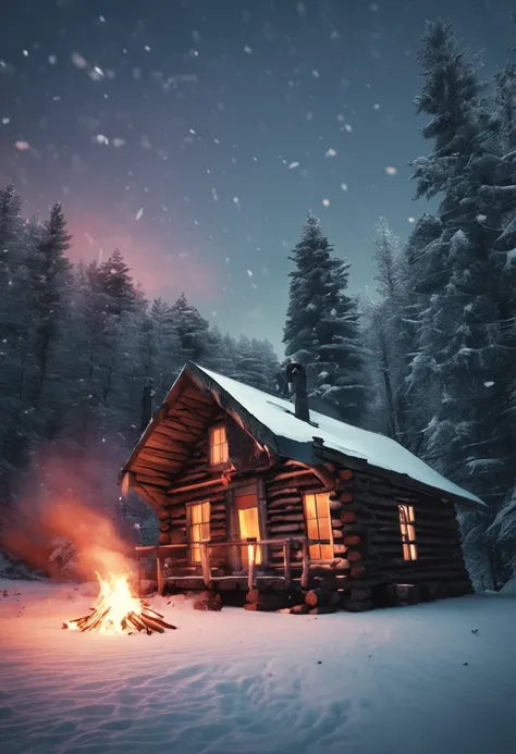 One winter, a log cabin with a burning bonfire outside the cabin, and a beggar staggered by