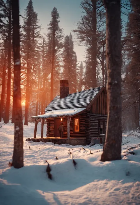 One winter, a log cabin with a burning bonfire outside the cabin, and a beggar staggered by