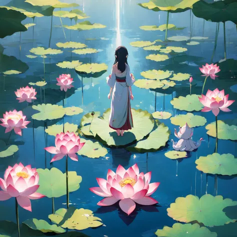 In the field there is a statue of a man holding a flower, standing gracefully upon a lotus, sitting on a lotus flower, Lotus pond, Pink Lotus Queen, standing on a lotus, lotuses, lotuses, lotus flower, lotus petals, with lotus flowers, surreal waiizi flowe...