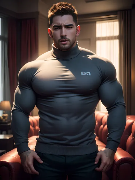 Muscular male security guard with open mouth，Chris Redfield，Wear a long-sleeved turtleneck sweater，expression sad，He frowned aggrievedly。。。。。。。。。。。。。。。。。gem-like eyes，Tall, Burly and strong，Thick thighs，He was in the luxurious living room。。。。。。Highest reso...