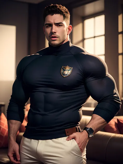 Muscular male security guard with open mouth，Chris Redfield，Wear a long-sleeved turtleneck sweater，expression sad，He frowned aggrievedly。。。。。。。。。。。。。。。。。。gem-like eyes，Tall, Burly and strong，Thick thighs，He was in the luxurious living room。。。。。。Highest res...