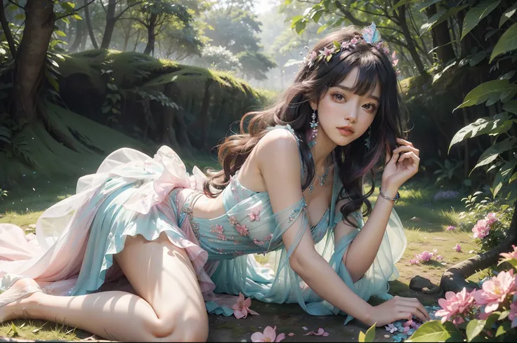 A young fairy in vortex of falling fuchsia flowers and leaves. Butterfly like Wings. She wears a multilayered ruffled dress in light pink transparent fabric with silver embellishments. Long messy wavy hair in teal colour, floral tiara. She is merging from ...