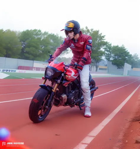 Anime style, there is a man sitting on a motorcycle on a track, sporty, at racer track, motorbiker, wheelie, moped, akira moto