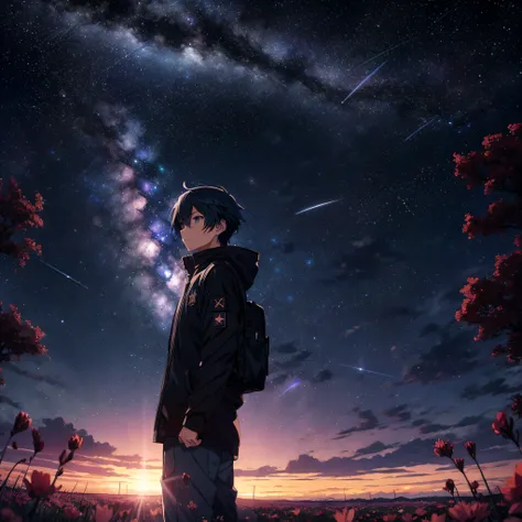 Anime boy standing in a field of flowers under a full moon，ssmile，Starry Sky 8K，nigh sky;8K，space sky，Cosmos Sky。Written by Makoto Shinkai， starrysky， stele（Skysky）starry_sky， Cosmos Sky， anime backgrounds， Anime art wallpaper 4 K， anime art wallpaper 4k， ...