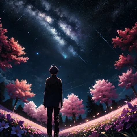 Anime boy standing in a field of flowers under a full moon，ssmile，Starry Sky 8K，nigh sky;8K，space sky，Cosmos Sky。Written by Makoto Shinkai， starrysky， stele（Skysky）starry_sky， Cosmos Sky， anime backgrounds， Anime art wallpaper 4 K， anime art wallpaper 4k， ...