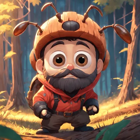 ant with a big beard lumberjack s style, 3d, 8k, highly detailed, digital painting, , illustration, art, 3d style pixar animation, big eyes, friendly, golden brown color ant