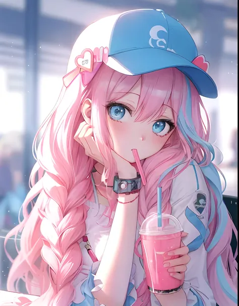 Anime girl with pink hair drinking a drink，Wearing a baseball cap, anime girls drink Energy drink, Cute anime girl, soda themed girl, pretty anime girl, style of anime4 K, Beautiful anime girl, (Anime girl), Anime girl, up of young anime girl, An anime gir...