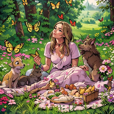 woman, age 30, milf, having a picnic in a picturesque meadow, surrounded by flowers, butterflies, and the gentle company of wood...